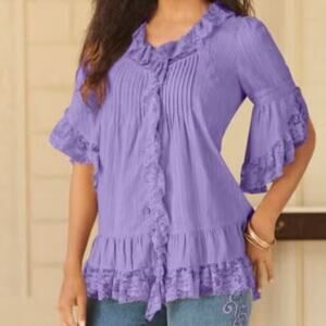 Roaman's Purple Whitney Lace Button Down Shirt Plus Size  24W